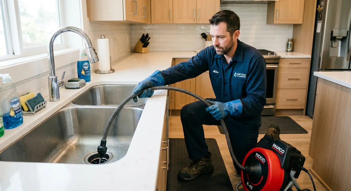 Drain cleaning technician using a motorized snake on a kitchen sink in Rockingham
