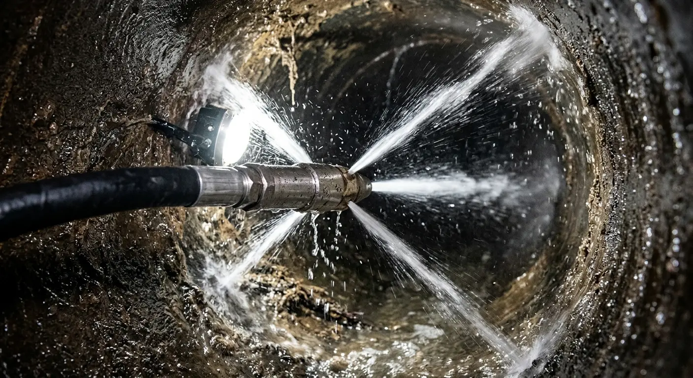 High-pressure hydro jetting nozzle cleaning sewer pipe for Sewer Line Relining in Rockingham