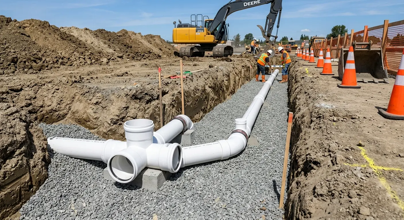 New PVC sewer pipe installation in open trench for Sewer Camera Inspection in Rockingham
