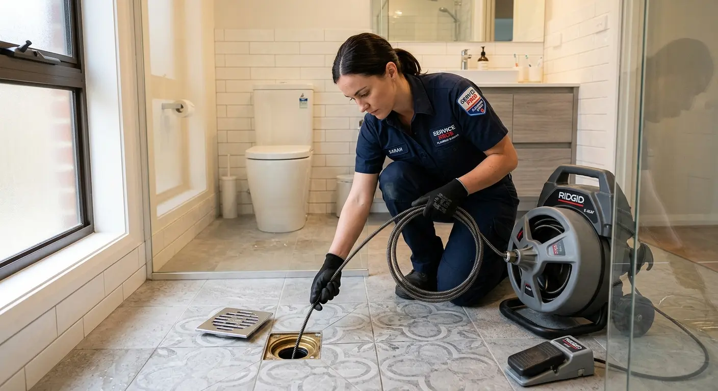 Technician clearing a bathroom floor drain for Drain Repair in Rockingham